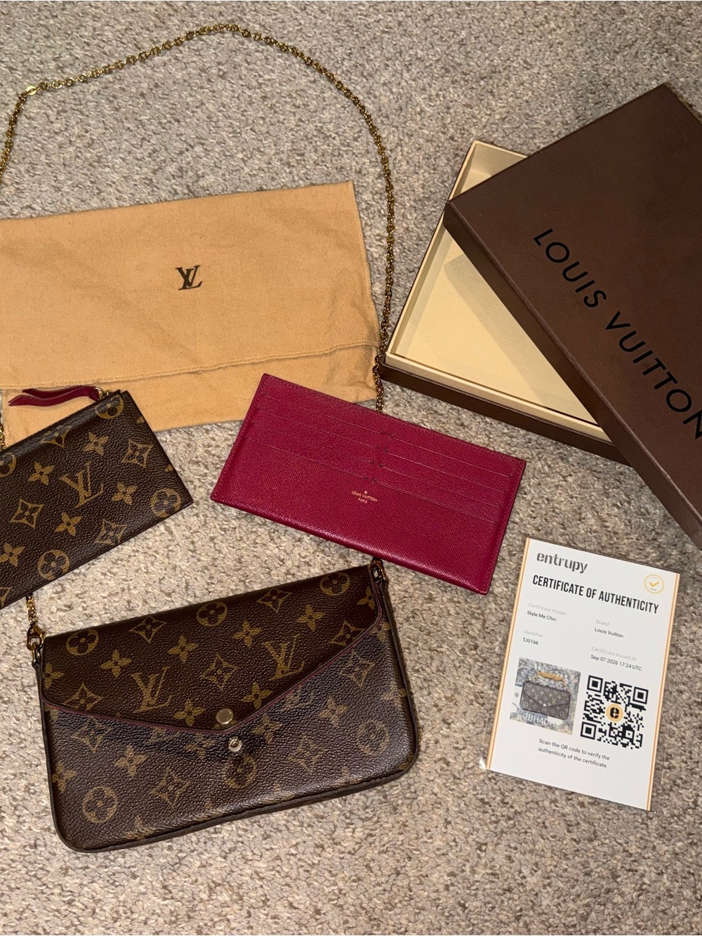 Louis Vuitton Brown Monogram Pochette with Fuchsia Card Holder